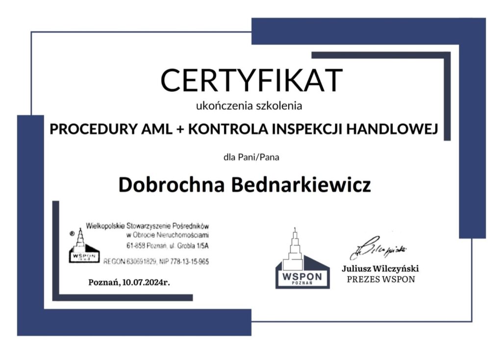 Kurs „Pośrednik w obrocie nieruchomościami" – Dobrochna Bednarkiewicz