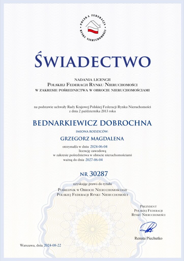 Licencja pośrednika PFRN nr 30287 – Dobrochna Bednarkiewicz